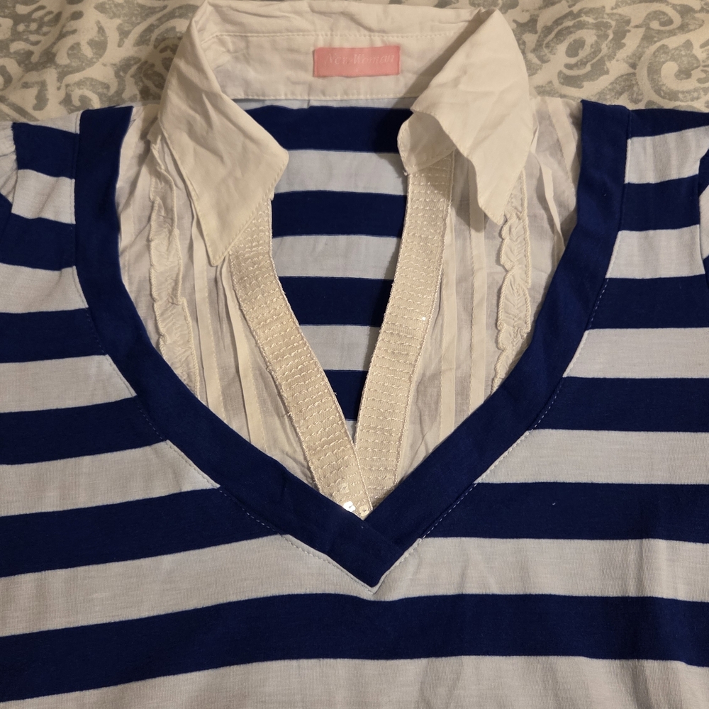 Navy and White Striped Women's Blouse